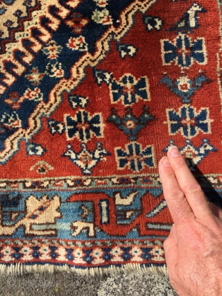 Peacock border on a Qashqai small rug, personal sitting rug? Gabbeh style drawing, scattered totemic motifs. Thick pile, soft wool, excellent colors. Nice Qashqai gol in the middle. Very good condition, two  ...