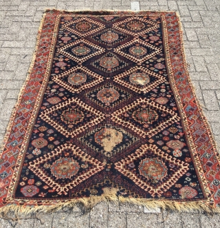 Shahsavan rug deep from the 19th century. Flax like weft. Gorgeous border and drawing. Best colors and wool (no exaggeration). Pre-commercial tribal rug. Size  81.1 x 59 (206 x 150 cm).  ...