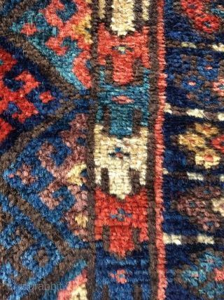 The shiniest wool you've ever seen on a Jaf. There is some goats hair in the ply. Good aubergine, best red and several excellent blues. Unusual Turkoman inspired border. Perhaps from Kelardasht?  ...