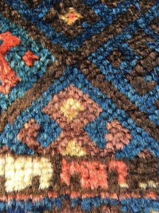 The shiniest wool you've ever seen on a Jaf. There is some goats hair in the ply. Good aubergine, best red and several excellent blues. Unusual Turkoman inspired border. Perhaps from Kelardasht?  ...