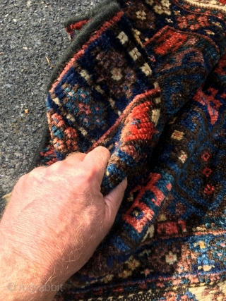 The shiniest wool you've ever seen on a Jaf. There is some goats hair in the ply. Good aubergine, best red and several excellent blues. Unusual Turkoman inspired border. Perhaps from Kelardasht?  ...