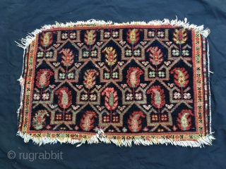 Ancient NW Persian bagface. Wool on homespun cotton. Oblong size and subject (boteh in tulip shaped 'case') would suggest Afshar, as does the cotton foundation, but neither the wool, the colors, the  ...
