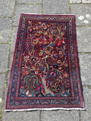 Early Isfahan pictorial small rug. Gorgeous saturated and harmonious colors (cochenille). Very good condition, excellent wool, some corrosion in the beige dye as typical of 19th and early 20th century pieces. Ends  ...