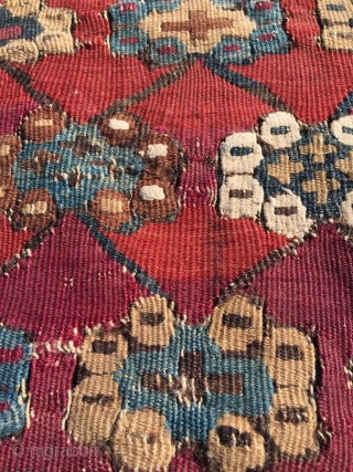 Early 19th century Anatolian kilim. Great colors and drawing, clean, but sides and ends reduced. Remaining field generally in good condition. As is, or can be attractively divided in several panels for  ...