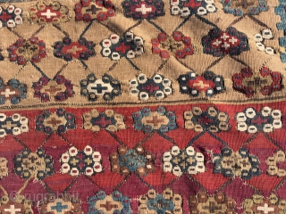 Early 19th century Anatolian kilim. Great colors and drawing, clean, but sides and ends reduced. Remaining field generally in good condition. As is, or can be attractively divided in several panels for  ...