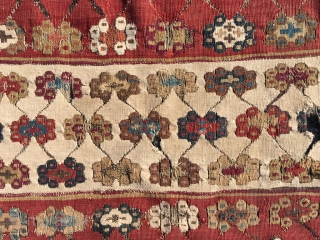 Early 19th century Anatolian kilim. Great colors and drawing, clean, but sides and ends reduced. Remaining field generally in good condition. As is, or can be attractively divided in several panels for  ...
