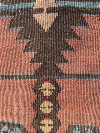 Excellent Anatolian kilim, circa 1800, Double Carnation design, very good border and sides (elibelinde), single wing. In outstanding condition, fine weave, perfect colors, including purple and apricot. Rich details. As found, needs  ...