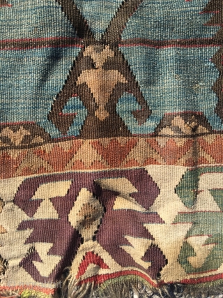 Excellent Anatolian kilim, circa 1800, Double Carnation design, very good border and sides (elibelinde), single wing. In outstanding condition, fine weave, perfect colors, including purple and apricot. Rich details. As found, needs  ...