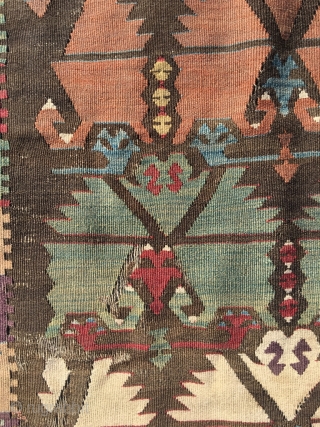 Excellent Anatolian kilim, circa 1800, Double Carnation design, very good border and sides (elibelinde), single wing. In outstanding condition, fine weave, perfect colors, including purple and apricot. Rich details. As found, needs  ...