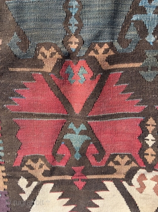 Excellent Anatolian kilim, circa 1800, Double Carnation design, very good border and sides (elibelinde), single wing. In outstanding condition, fine weave, perfect colors, including purple and apricot. Rich details. As found, needs  ...