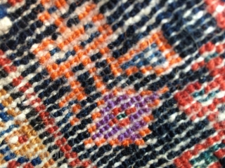 Complete Caucasian bag, half khorjin, Karabagh? Cotton warp and weft. Luminous wool, very nice triple borders. Front in very good condition, small moth bite, original sides and closure system. Small aniline highlight  ...