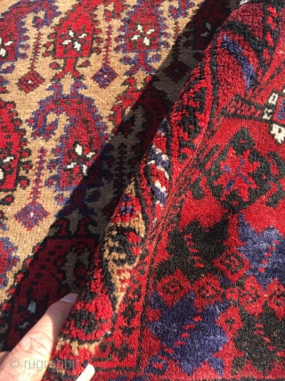 Baluch camel hair rug with boteh pattern, usually reserved for prayer rugs. Full pile, pristine condition. Best natural colors (also the purple), crisp and well proportioned drawing, jewel of a rug. Size  ...