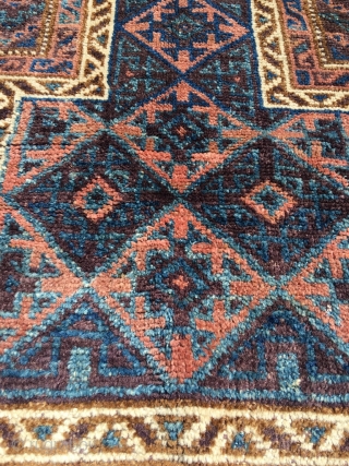 Antique Kordi Baluch prayer rug. Soft wool, nice old colors, still fresh. As found. Very supple handle because of typical Kordi double wefts. Excellent condition, original selve-edges and kilim ends. Happy little  ...