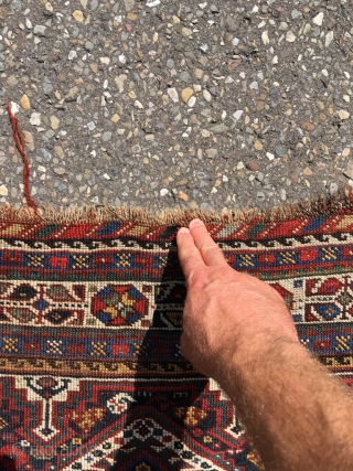 Khamseh bird rug with unusual peacock motif and gorgeous light blue. Overall good condition. Beautiful colors and drawing. Professionally hand washed. 19th century. Overall lowered pile. Dog eared corner, top some rows  ...