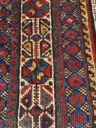 Khamseh bird rug with unusual peacock motif and gorgeous light blue. Overall good condition. Beautiful colors and drawing. Professionally hand washed. 19th century. Overall lowered pile. Dog eared corner, top some rows  ...