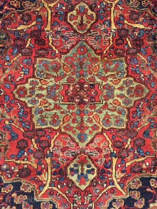 Afshar masnad in classical Kirman pattern with unsurpassed cypres border. Best colors and softest wool. Professionally hand washed. 2nd half 19th century, wool on wool. Original selvedges. Corrosion in the red /  ...