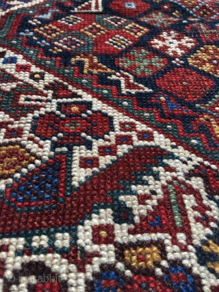 Khamseh bird rug with unusual peacock motif and gorgeous light blue. Overall good condition. Beautiful colors and drawing. Professionally hand washed. 19th century. Overall lowered pile. Dog eared corner, top some rows  ...
