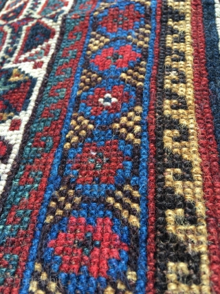 Khamseh bird rug with unusual peacock motif and gorgeous light blue. Overall good condition. Beautiful colors and drawing. Professionally hand washed. 19th century. Overall lowered pile. Dog eared corner, top some rows  ...