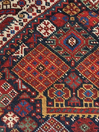 Khamseh bird rug with unusual peacock motif and gorgeous light blue. Overall good condition. Beautiful colors and drawing. Professionally hand washed. 19th century. Overall lowered pile. Dog eared corner, top some rows  ...