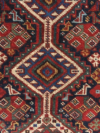 Khamseh bird rug with unusual peacock motif and gorgeous light blue. Overall good condition. Beautiful colors and drawing. Professionally hand washed. 19th century. Overall lowered pile. Dog eared corner, top some rows  ...