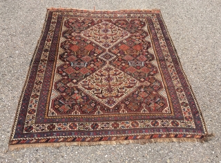 Khamseh bird rug with unusual peacock motif and gorgeous light blue. Overall good condition. Beautiful colors and drawing. Professionally hand washed. 19th century. Overall lowered pile. Dog eared corner, top some rows  ...