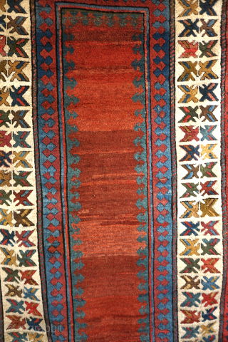 Shahsavan rug with gorgeous red empty red field (met hane, inspired by Talish rugs). Perfect condition. Unique border; the white elements form crosses. Best colors and unsurpassed Shahsavan wool. Size 219 x  ...