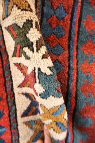 Shahsavan rug with gorgeous red empty red field (met hane, inspired by Talish rugs). Perfect condition. Unique border; the white elements form crosses. Best colors and unsurpassed Shahsavan wool. Size 219 x  ...