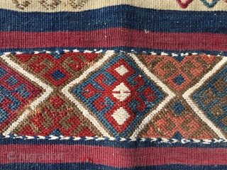 Early Anatolian striped kilim fragment. Best colors, some dirt and wear. Nice embroidery. Would do well mounted. Size 36.6 x 23.6 (93 x 60 cm).        