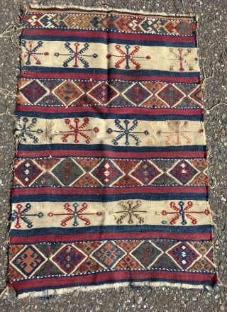 Early Anatolian striped kilim fragment. Best colors, some dirt and wear. Nice embroidery. Would do well mounted. Size 36.6 x 23.6 (93 x 60 cm).        