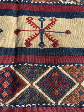 Early Anatolian striped kilim fragment. Best colors, some dirt and wear. Nice embroidery. Would do well mounted. Size 36.6 x 23.6 (93 x 60 cm).        