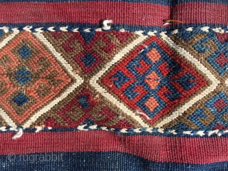 Early Anatolian striped kilim fragment. Best colors, some dirt and wear. Nice embroidery. Would do well mounted. Size 36.6 x 23.6 (93 x 60 cm).        