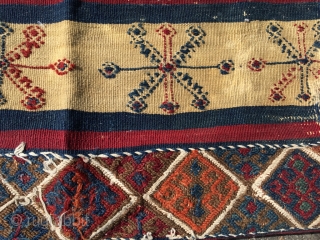 Early Anatolian striped kilim fragment. Best colors, some dirt and wear. Nice embroidery. Would do well mounted. Size 36.6 x 23.6 (93 x 60 cm).        