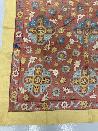Caucasian embroidery, large size, 102.5 x 109 cm (without the yellow silk borders). Dramatic graphics, excellent colors. Deeply patinated red background, displays excellently. Silk borders are a later addition, can easily be  ...