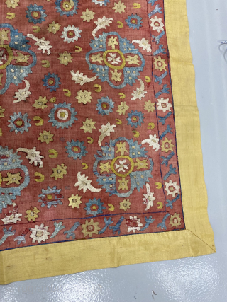 Caucasian embroidery, large size, 102.5 x 109 cm (without the yellow silk borders). Dramatic graphics, excellent colors. Deeply patinated red background, displays excellently. Silk borders are a later addition, can easily be  ...
