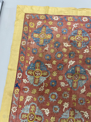 Caucasian embroidery, large size, 102.5 x 109 cm (without the yellow silk borders). Dramatic graphics, excellent colors. Deeply patinated red background, displays excellently. Silk borders are a later addition, can easily be  ...