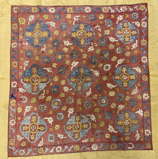 Caucasian embroidery, large size, 102.5 x 109 cm (without the yellow silk borders). Dramatic graphics, excellent colors. Deeply patinated red background, displays excellently. Silk borders are a later addition, can easily be  ...