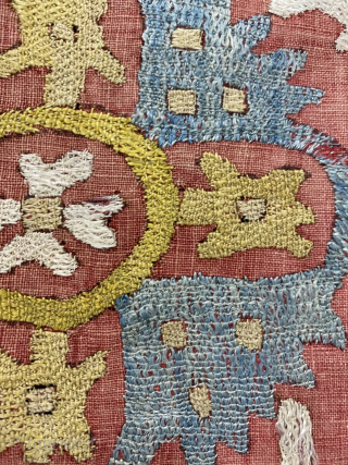 Caucasian embroidery, large size, 102.5 x 109 cm (without the yellow silk borders). Dramatic graphics, excellent colors. Deeply patinated red background, displays excellently. Silk borders are a later addition, can easily be  ...