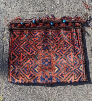 Luri Bakhtiari double khorjin with very unusual reciprocal birds head motif - many of them, also tilted. Glass beads, nice tasche like  back and piled closure tabs. Bridge missing, wonder what  ...