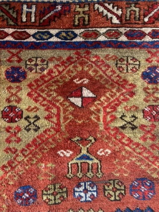 Anatolian prayer rug, 19th century. Intriguing mix of totemic animism and Islamic iconography. Glorious colors and wool. Good condition. Size 58.3 x 33.5 inch (148 x 85 cm). You may contact me  ...