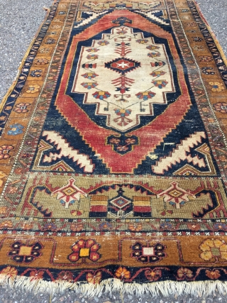 Older than most Anatolian Yahyali. Good colors and spacious design, very nice natural white, supple and finely knotted. As found, will benefit from a wash. Size 86.6 x 42.5 inch (220 x  ...