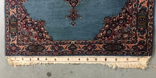 Elegant Isfahan area rug, seems to have always been on a table given the original pile height. Size 59 x 42.5 inch (150 x 108 cm). 1st quarter 20th century. Unusual blue  ...