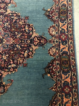 Elegant Isfahan area rug, seems to have always been on a table given the original pile height. Size 59 x 42.5 inch (150 x 108 cm). 1st quarter 20th century. Unusual blue  ...