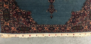 Elegant Isfahan area rug, seems to have always been on a table given the original pile height. Size 59 x 42.5 inch (150 x 108 cm). 1st quarter 20th century. Unusual blue  ...