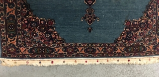 Elegant Isfahan area rug, seems to have always been on a table given the original pile height. Size 59 x 42.5 inch (150 x 108 cm). 1st quarter 20th century. Unusual blue  ...