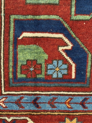 Kazak with wonderful colors in very good condition. Azadi identifies this typical pattern as Kabala Shirvan. Vibrant flowing piece, surpassing later, stiffer examples and the drawing of the medallion is appealingly asymmetrical.  ...