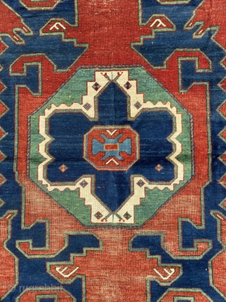 Kazak with wonderful colors in very good condition. Azadi identifies this typical pattern as Kabala Shirvan. Vibrant flowing piece, surpassing later, stiffer examples and the drawing of the medallion is appealingly asymmetrical.  ...