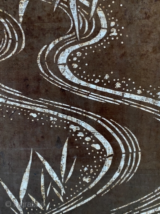 Very detailed Meiji period Katagami stencil used to resist dye a kimono. Conserved by backing with a period sheet of newspaper.  Meticulously hand cut, one stencil would be used to dye  ...