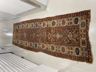 Early Kurdish kelleh, Sauj Bulagh? Size 352 x 95 cm. Excellent saturated colors, nice old purple. Interesting rendition of the border. Top worn. Contact me at alexanderbakker@flairforflavor.com.      
