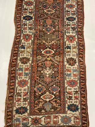 Early Kurdish kelleh, Sauj Bulagh? Size 352 x 95 cm. Excellent saturated colors, nice old purple. Interesting rendition of the border. Top worn. Contact me at alexanderbakker@flairforflavor.com.      