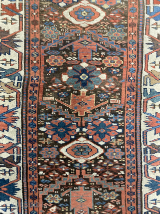 Early Kurdish kelleh, Sauj Bulagh? Size 352 x 95 cm. Excellent saturated colors, nice old purple. Interesting rendition of the border. Top worn. Contact me at alexanderbakker@flairforflavor.com.      